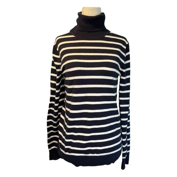 Gap Striped Turtleneck Sweater Navy Blue White Knit Lightweight Long Sleeve M - Picture 1 of 6